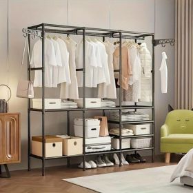 Clothing Racks for Hanging Clothes with ShelvesPortable Closet System Organizer Garment Rackfor Clothes Storage (Color: black-66*63*14in)